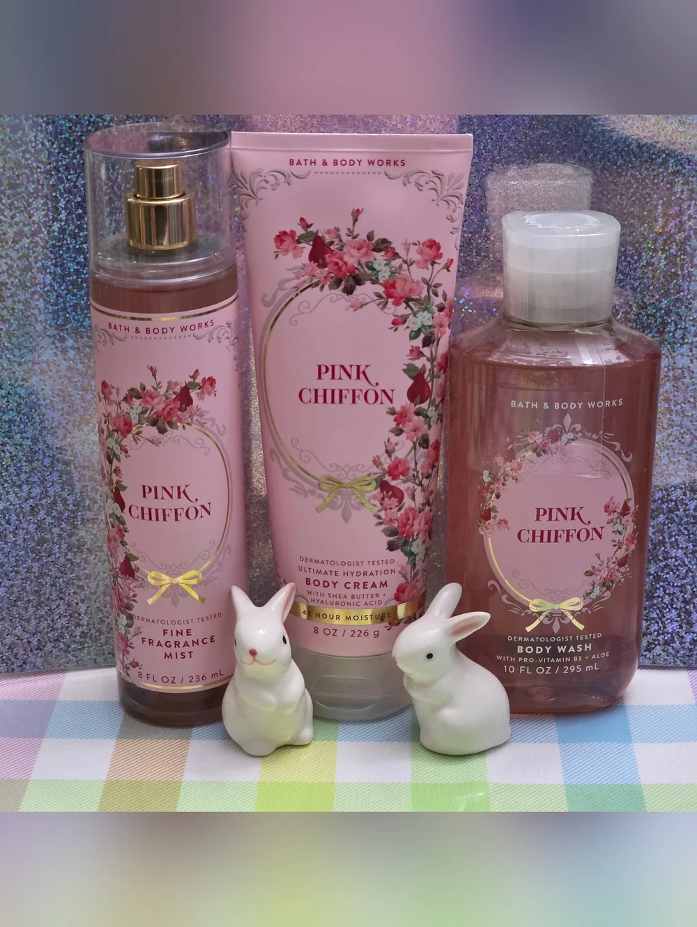 Bath Body Works Pink Chiffon Body Wash, Cream, & Fragrance Mist 3pc Set NEW Rare
